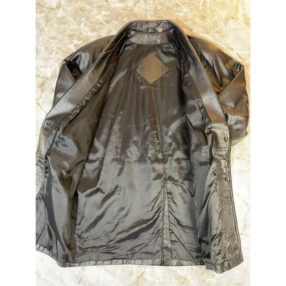 Vintage Leather Coat Jacket Black Knee Length Button Front Career - Picture 5 of 11